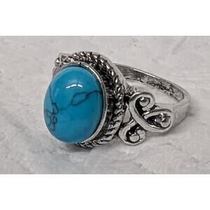 Silver Plated Ring Plus Size 10 Faux Turquoise Teal Aqua Cabochon Stone Oval New